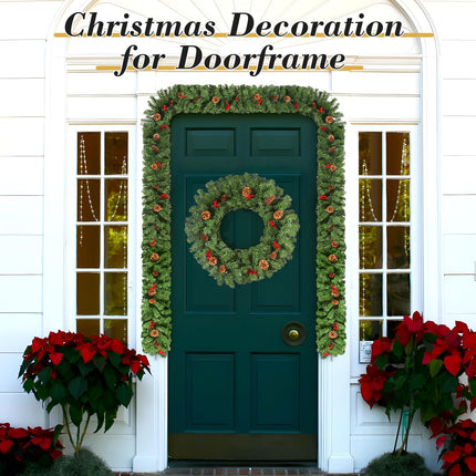Christmas garland 270 cm, Uten fir garland with red berries and pine cones, Christmas decoration green, for door, stairs, wedding