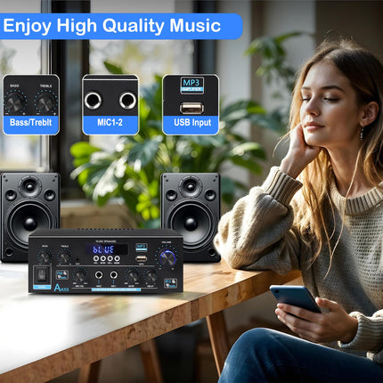 WOOPKER AK55 HiFi Amplifier with Bluetooth 70W x2 Mini Amplifier Home Theater Stereo Amplifier AV Receiver Treble and Bass with USB/RCA/MIC/FM (AK55)