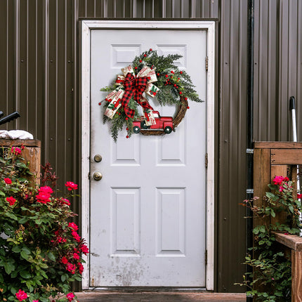 40cm Christmas Door Wreath, Red Truck Christmas Wreath Artificial Christmas Decorations Farmhouse Wall Wreath for Carmine Window Christmas
