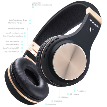 Riwbox Bluetooth kõrvaklapid, XBT-80 kokkupandavad juhtmevabad stereo kõrvaklapid mikrofoni ja helitugevuse regulaatoriga, kaabliga või ilma, arvuti/mobiiltelefonide/teleri jaoks (must ja kuldne)