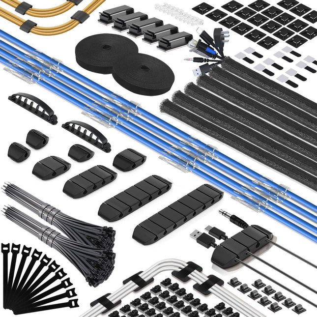 JIAHCN 313 Cable Management Set with 6 cable sleeves, 65 cable holders, 2 roll cable ties, 20 resealable cable ties, 20 adhesive bases and 200 cable ties, PC cable management for all cable TV cables