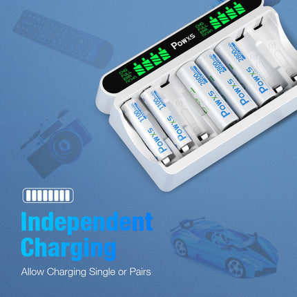 POWXS akulaadija 4 AA ja 4 AAA patareiga, 8 pesaga akulaadija LCD-ekraaniga, laetavad AA ja 4 AAA akud, kiirlaadija NI-MH NI-CD AA/AAA akude jaoks, USB ja C-tüüpi sisend