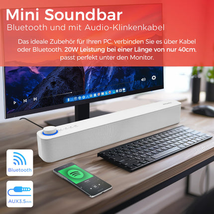 Atlantis Soundbar PC 20W, arvutikõlar, 3,5 mm pesa + Bluetooth 5.3 nutitelefonile, FireTV-le, plaadimängijale, 2400 mhA aku, FM-raadio, arvutikõlar, kaasaskantav, teler, nutitelefon 420x60x74 mm P003-C0820-B