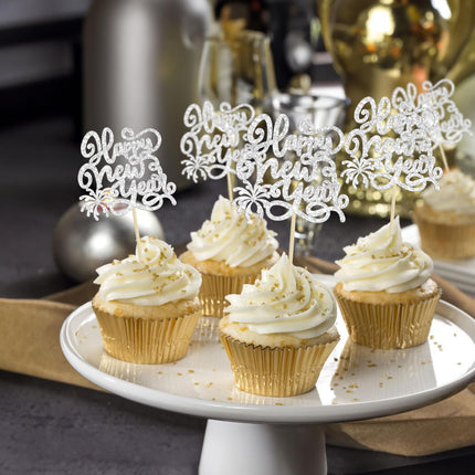 Gyufise 24 Pieces 2025 Happy New Years Cupcake Toppers Silver Glitter 2025 Happy New Year Party Decorations for Happy 2025 Cheers to 2025 Hello 2025 New Year's Eve Party Decorations Supplies
