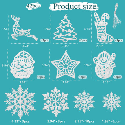 Christmas Tree Decoration Hanging Ornaments - 42 Pieces Silver Glitter Snowman Reindeer Santa Claus Snowflake Ornaments for Christmas Holiday Wonderland Party Supplies