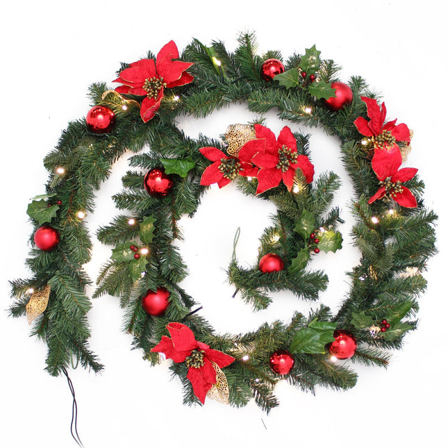 WeRChristmas Christmas decoration 9 ft lighted Christmas garland illuminated with 40 warm white LED lights, red/gold garland red/gold