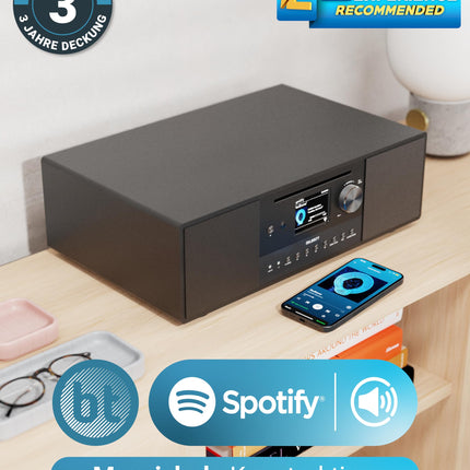 Internetiraadio CD-mängija ja Bluetoothiga | 120 W 2.1 stereo DAB-raadio sisseehitatud subwooferiga | WiFi-ühendusega internetiraadio Spotify Connecti, taskuhäälingusaadete ja FM-iga | Värviline ekraan | Majority Quadriga internetiraadio
