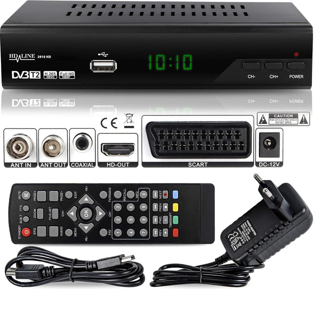 hd-line 2910 DVBT2 vastuvõtja Full HD 1080P 4K telerile (HEVC/H.265 HDMI SCART, USB 2.0, DVBT-2, DVB-T2, DVB T2, DVBT 2), vastuvõtja, reserv, vastuvõtja, must, Echosat 20910 S, 2910echo