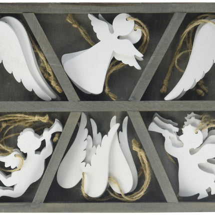 Small foot decorative hanger made of white wood in the shape of an angel, with storage box, Christmas decoration for tree and window, 10542, 24.00 x 19.00 x 2.00 cm