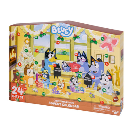 BlueY jõulud Heelersite juures: Bluey advendikalender, jõulupakett sisaldab 24 üllatust 24 ukse taga, paljastades 3 suplevat jõulufiguuri, 18 aksessuaari ja 3 kleebist.