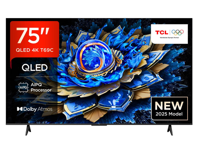 TCL 75T69C 75-tolline QLED, Direct LED-teler, 4K HDR-teler, nutikas Google TV (Dolby Vision ja Atmos, Game Master, liikumise selgus, ühildub Google Assistant ja Alexaga)