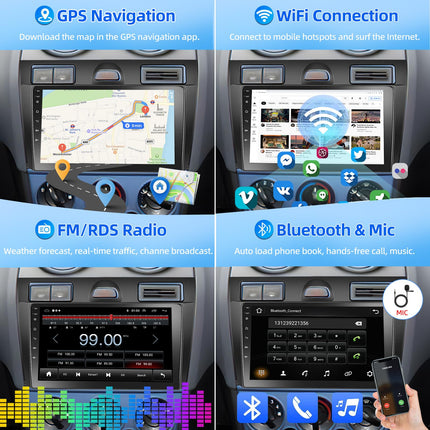 Podofo autoraadio Ford Fiesta Mk VI Mk5 2006-2011 koos Carplay, Android Auto, Android 13 2+64G 9'' puutetundliku ekraaniga raadio Bluetoothi, WiFi, GPS ja tahavaatekaameraga