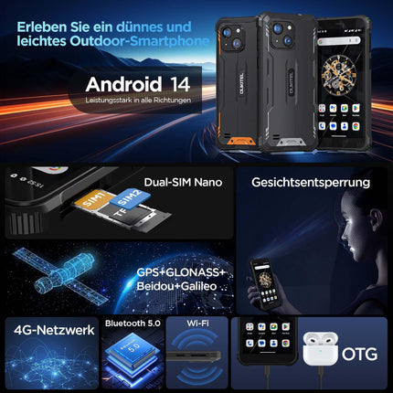 OUKITEL G2 välistingimustes kasutatav nutitelefon ilma lepinguta, Android 14 kaheksatuumaline odav mobiiltelefon, 6300mAh aku, 6" HD+ ekraan, 16GB+64GB mobiiltelefon 4G, IP68 veekindel, 5+13MP kaamera, topelt-SIM, OTG-oranž