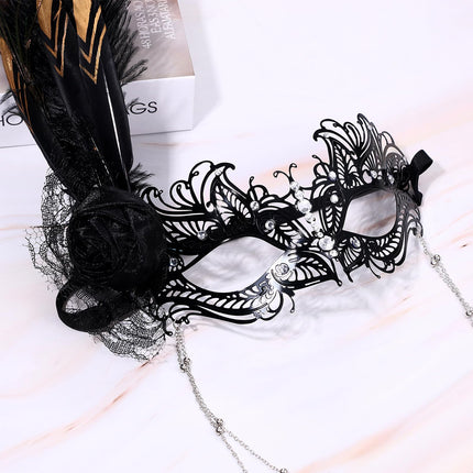 Cupimatchi Veneetsia maskeraadi sulgedest mask: elegantne metallist silmamask sulgede ja kettidega, vintage pitsist lillemask, luksuslik printsessipalli mask Halloweeni karnevaliks, Mardi Gras, must