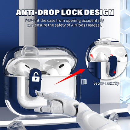 MHYALUDO Airpods Pro 2. põlvkonna ümbris turvalise sulguriga, ühildub Airpods Pro 2./1. põlvkonna ümbristega, läbipaistev TPU-ümbris, sõjaväeklassi, põrutuskindel. Tumesinine