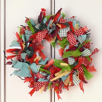Christmas wreath, Christmas decoration, handmade, made from recycled, seasonal multi-colored, green, red fabric, GoodWeave certified, 30 cm diameter, suitable as a mobile, door or wall hanging