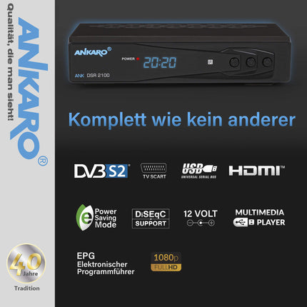 ANKARO DSR 2100 digitaalne Full HD 1080p satelliitvastuvõtja must USB-meediapleieri/HDMI/SCART/LED-ekraaniga/12V toiteallikaga, ideaalne telkimiseks