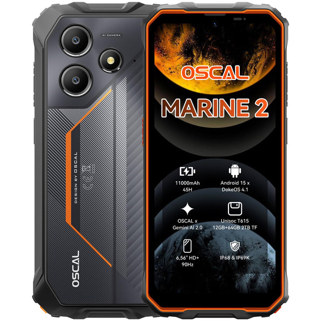 OSCAL Marine 2 lepinguta õuetelefon 2025, 11000mAh 12GB+64GB/2TB, Android 15 õuenutitelefon, 6.56" HD+ 90Hz, 16MP+8MP tehisintellektiga kaamera ehitusplatsi mobiiltelefon, IP69K veekindel, kahe SIM-kaardiga 4G/NFC/OTG/GPS
