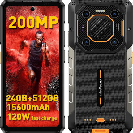 Ulefone Armor 26 Ultra Outdoor Mobile Phone 5G 2024, 200MP+64MP Camera 3.2X Telephoto Lens 24GB+512GB Android 13 Smartphone with 120W Fast Charging 6.78 inch FHD+ 120Hz 121dB Speaker 15600mAh Battery Black