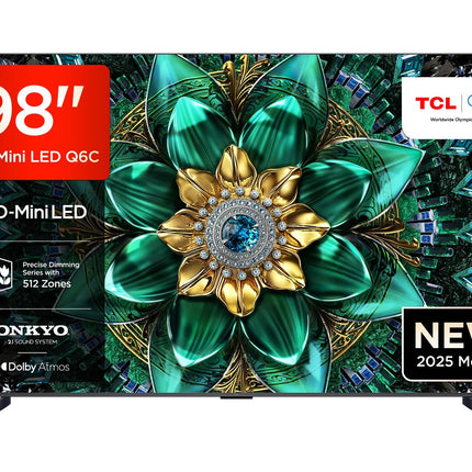 TCL 98Q6C 98-tolline QD-Mini LED-teler, 4K HDR Premium 1000 niti, nutiteler Google TV-ga (Dolby Vision IQ ja Atmos, Onkyo 2.1 helisüsteem, 144 Hz Motion Clarity Pro, Game Master)