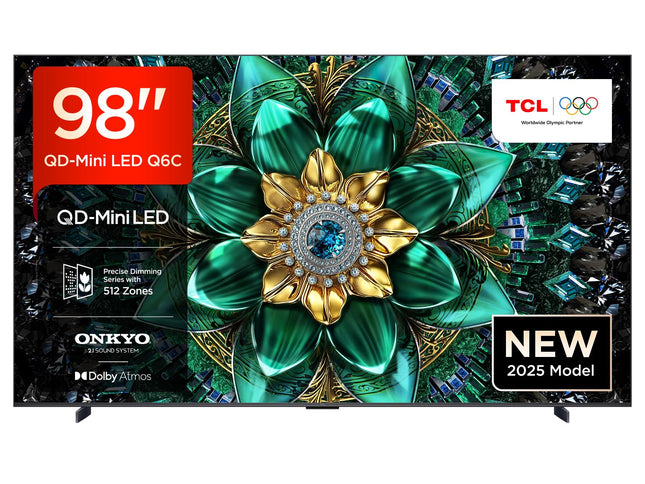 TCL 98Q6C 98-tolline QD-Mini LED-teler, 4K HDR Premium 1000 niti, nutiteler Google TV-ga (Dolby Vision IQ ja Atmos, Onkyo 2.1 helisüsteem, 144 Hz Motion Clarity Pro, Game Master)