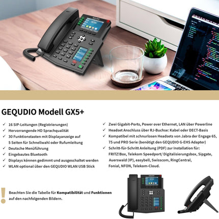 GEQUDIO IP-telefon GX5+ komplekt toiteploki ja 1-kõrvalise juhtmega peakomplektiga - Fritzboxi ja Telekomi ühilduv - käed-vabad seadmed ja 2 värvilist ekraani - saksakeelne kasutusjuhend (PDF) Fritz Boxi, Sipgate'i ja Telekom Speedporti jaoks