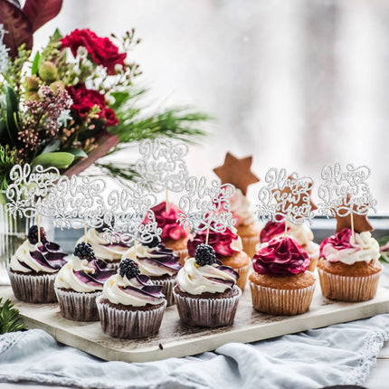 Gyufise 24 Pieces 2025 Happy New Years Cupcake Toppers Silver Glitter 2025 Happy New Year Party Decorations for Happy 2025 Cheers to 2025 Hello 2025 New Year's Eve Party Decorations Supplies