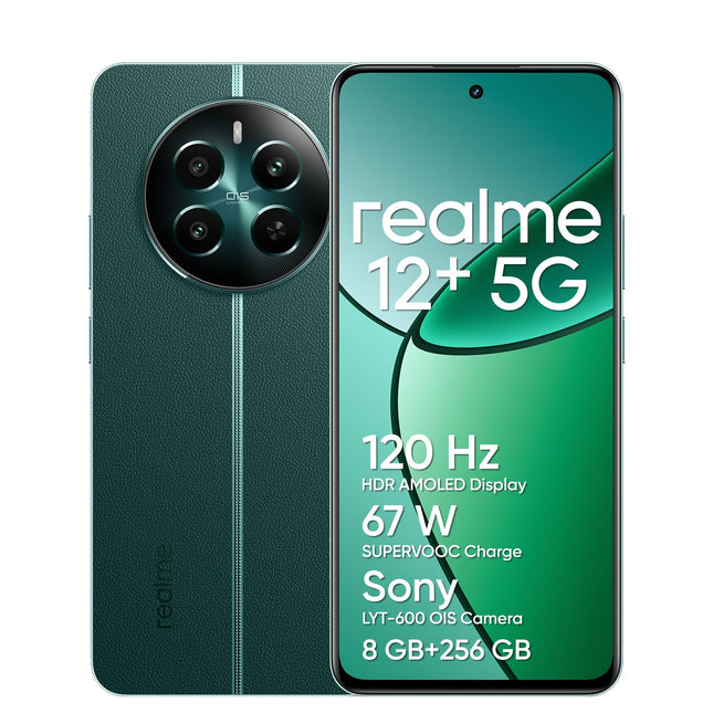 Realme 12+ 5G nutitelefon 8+256 GB NFC-ga, Sony LYT-600 OIS portreekaamera, Dimensity 7050 5G kiibistik, 120Hz AMOLED ekraan, Rainwater Smart Touch, 67W SUPERVOOC laadimine, Pioneer Green (adapterit pole)