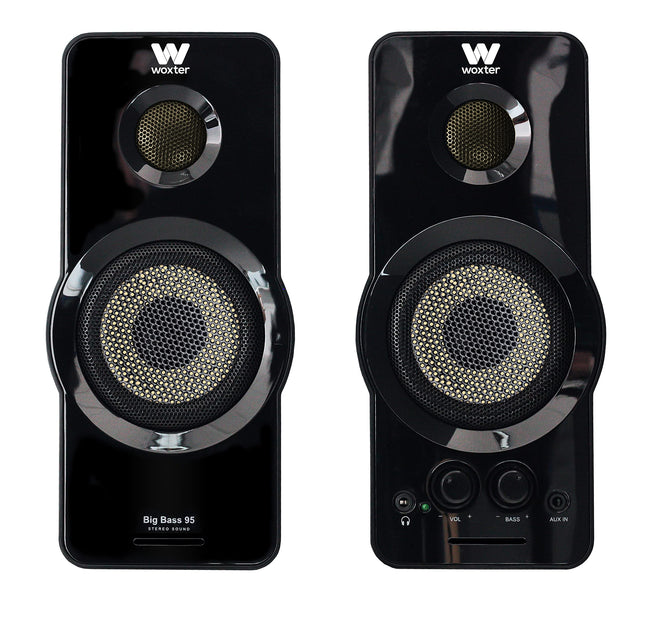 Woxter Big Bass 95 - multimeedia stereokõlarid, 20 W, võimsad, 3,5 mm pesa, nupud ja AUX-ühendused ning CASCOS eel-klaverikomplekt arvutitele/nutitelefonidele ja mängukonsoolidele, must