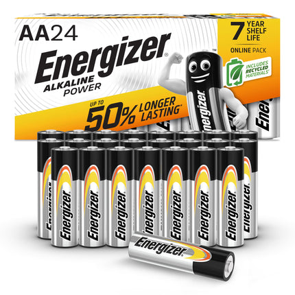 Energizer Alkaline Power AA Batteries (24 Pack) - High-Performance 1.5V Batteries - Batteries for Home and Office - 100% Plastic-Free Recyclable Packaging - 7-Year Shelf Life [Exclusively at Amazon]