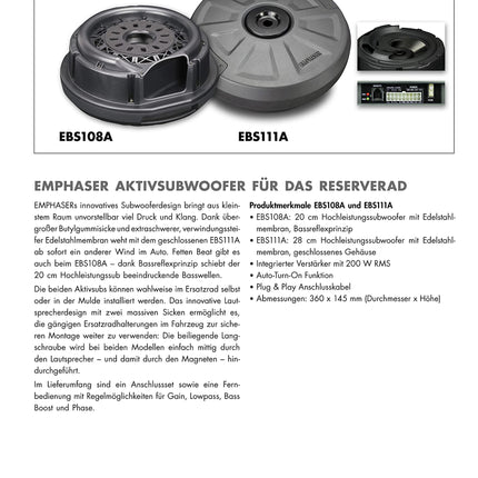 EMPHASER EBS108A – võimas 20 cm aktiivsubwoofer varuratta koopasse/velge paigaldamiseks, auto bassikast 200-vatise võimendiga, bassrefleksi põhimõte, parima toote auhind