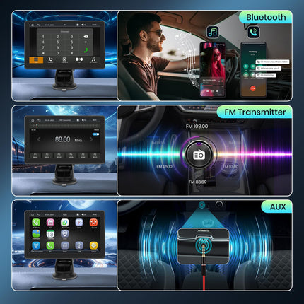 Wireless Apple Carplay Android Auto Portable Car Stereo with Rear Camera 7 Inch Touchscreen Car Radio with Apple Airplay/Android Cast/Dual Bluetooth/FM Transmitter/Voice Control/Siri/GPS/TF/AUX/USB/EQ