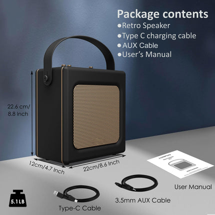 Retro Portable Boombox Bluetooth Speaker in Leather Look with Battery, 20W Compact Karaoke System with USB, Aux-IN, 6.5MM Microphone Jack, Type-C Charging