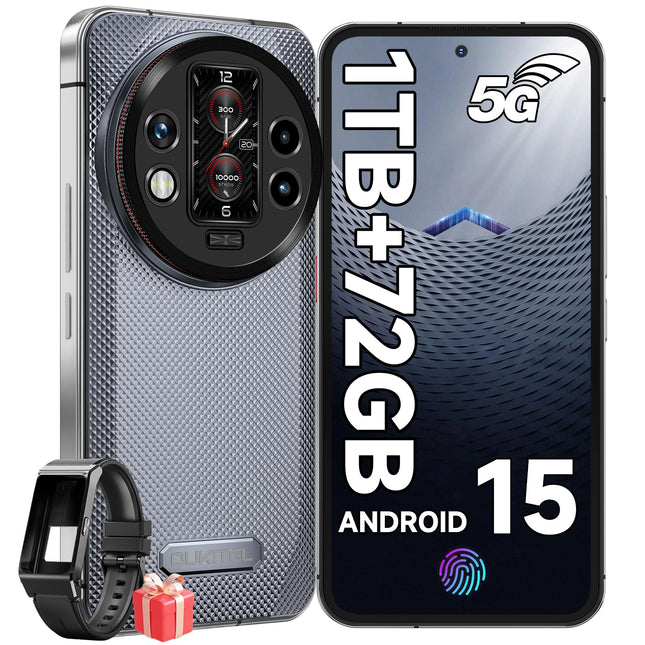 OUKITEL WP200 PRO 5G õuetelefon nutikellaga, 72 GB RAM + 1 TB ROM Android 15 õuenutitelefon ilma lepinguta, 6,7" FHD + 120Hz AMOLED ekraan, 8800mAh/45W, 108MP+32MP, 5G kahe SIM-kaardiga/NFC/GPS/kõrvaklapid/AI