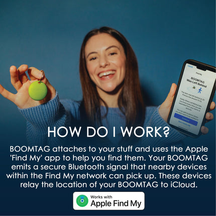 Boompods Boomtag võtmeotsija 2-pakk - nutikas siltide rahakotiotsija, mini GPS-jälgija Bluetooth-iga, ühildub Apple Find My rakendusega, võtmete ja esemete leidja võtmetele, kohvritele, lastele ja koertele