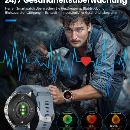 LIGE meeste sõjaväe nutikell telefonifunktsiooniga, 1,43'' AMOLED nutikell 530mAh akuga, LED-taskulambiga, pulsisageduse jälgijaga, unemonitoriga, 120+ spordirežiimiga IP68 veekindel spordikell Androidile ja iOS-ile