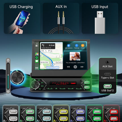 Podofo DAB+ 1 DIN Bluetooth-autoraadio CarPlay ja Android Auto juhtmevaba süsteemiga, mootoriga hüpikaknaga, 7-tollise puutetundliku ekraaniga, Mirror Link FM-iga, USB Type-C-pordiga, AUX-mikrofoniga, tahavaatekaameraga