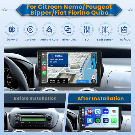 Inefala 10,1-tolline Android 13 autoraadio Citroen Nemo/Peugeot Bipper/FIAT Fiorino Qubo 2 DIN ekraaniga (2+64GB) koos juhtmevaba CarPlay, Android Auto, FM RDS, GPS, Bluetooth, WiFi ja tahavaatekaameraga