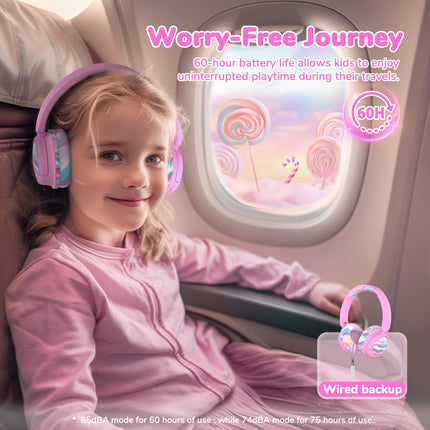 iClever Bluetooth headphones for kids, 60-hour battery life, 74/85 dBA volume limit, stereo sound, Type-C, Bluetooth 5.4, wireless over-ear children's headphones, pink stripes