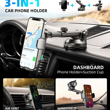 GuMosh 15W autotelefoni hoidik laadimisfunktsiooniga, [topeltmähis] [360° automaatne kinnitus] induktiivne laadimisjaam auto juhtmevaba laadija ventilatsiooniks + iminapp, autolaadija iPhone 16-12/Samsungile