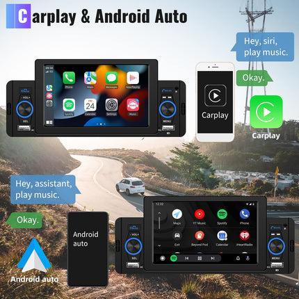 Carplay Car Radio 1 Din with Android Auto Bluetooth Handsfree 5 Inch with Android/IOS Mirror Link Bluetooth FM Radio USB/AUX/TF Multimedia Player with Rear View Camera Microphone