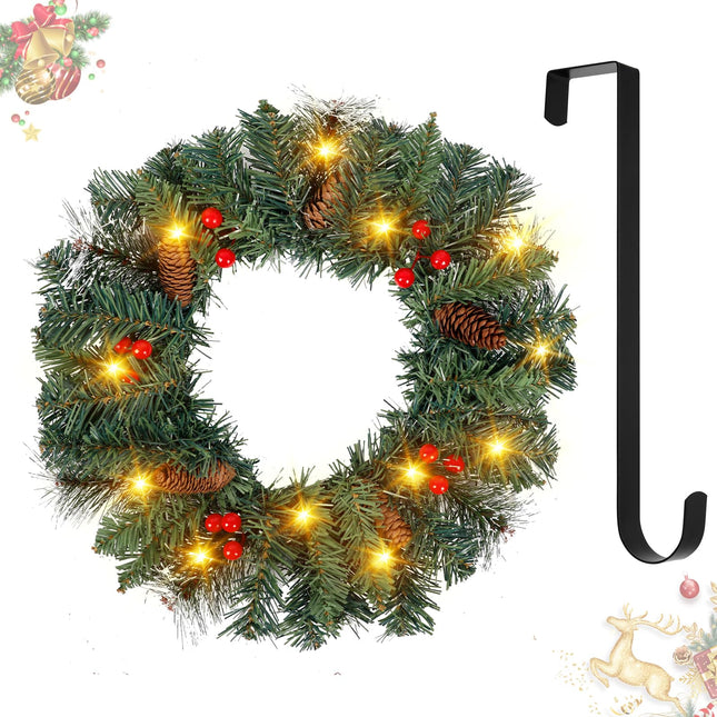 Christmas wreath Advent wreath hanging with hook, 40CM door wreath Christmas outdoor decoration with lighting, artificial Christmas wreath front door