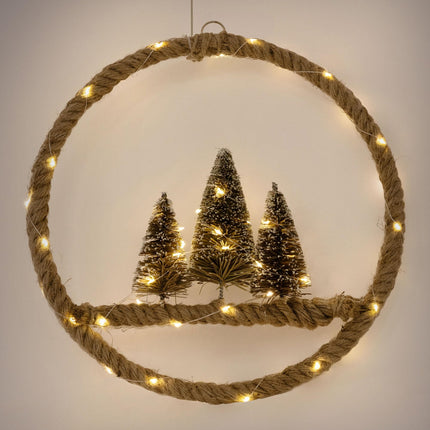 ECD Saksamaa LED-džuudist pärg Ø37cm 50 sooja valge LED-iga, dekoratiivne jõulupärg 3 kuusepuuga, džuudist kott, patareidega ja taimeriga, köiest rippuv pärg, uksel valguspärg jõulukaunistus sees