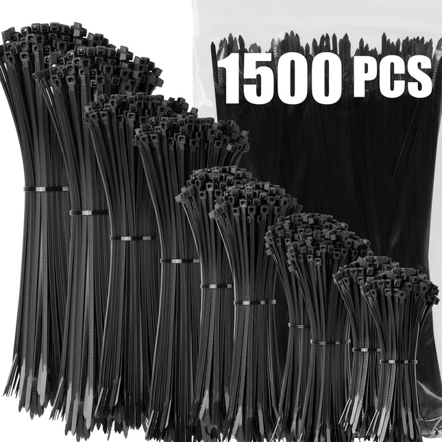 XINGO 1500-osaline mustade kaablisidemete komplekt, 100/150/200/300 mm (igaüks 300 tükki), UV-kindel nailon, erinevad suurused, ülivastupidavad, iselukustuvad kaablisidemed koju, kontorisse, aeda ja töökotta