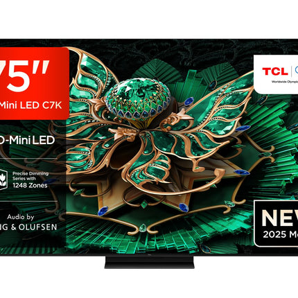 TCL 75C7K 75-tolline QD-Mini LED-teler, 4K HDR Premium 3000, nutikas Google TV 144Hz Motion Clarity Pro tehnoloogiaga (Dolby Vision IQ ja Atmos, CrystGlow HVA paneel, Bang &amp; Olufseni heli, Game Master)