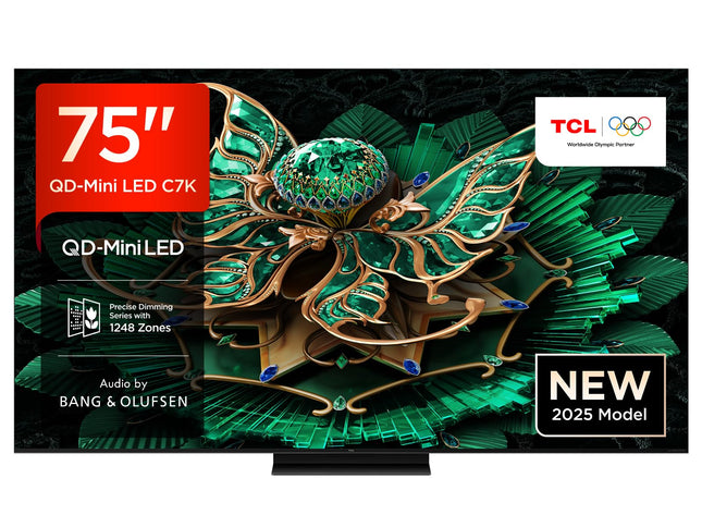 TCL 75C7K 75-tolline QD-Mini LED-teler, 4K HDR Premium 3000, nutikas Google TV 144Hz Motion Clarity Pro tehnoloogiaga (Dolby Vision IQ ja Atmos, CrystGlow HVA paneel, Bang &amp; Olufseni heli, Game Master)