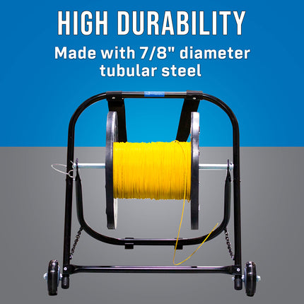 Jonard Tools CC-2721WS terasest kaablihoidik rullikute ja tõmberihmaga, mahutab kuni 50,8 cm läbimõõduga ja 45,4 kg kandevõimega kaablirulle.