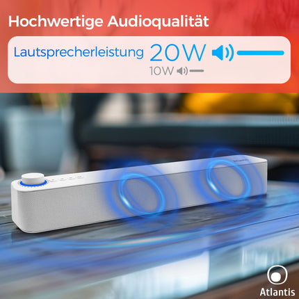 Atlantis Soundbar PC 20W, arvutikõlar, 3,5 mm pesa + Bluetooth 5.3 nutitelefonile, FireTV-le, plaadimängijale, 2400 mhA aku, FM-raadio, arvutikõlar, kaasaskantav, teler, nutitelefon 420x60x74 mm P003-C0820-B