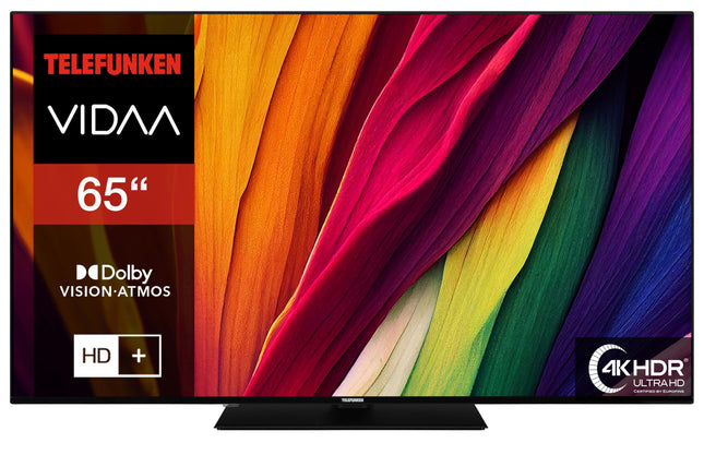 Telefunken TV 65-tolline nutiteler VIDAA XU65VP750M 4K UHD teler, HDR-teler Dolby Visioniga, kolmekordne tuuner ja 6-kuuline HD+ garantii, must LED-teler