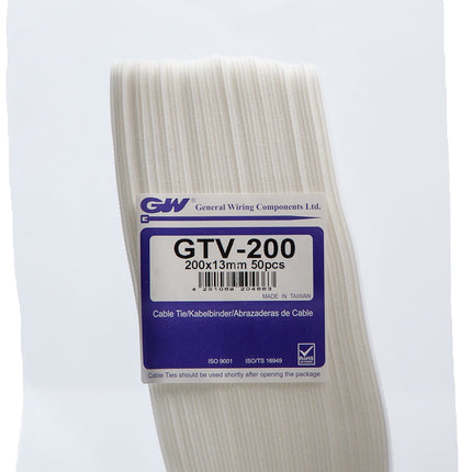 GW kaablisidemete tehnoloogia, takjapael ja aasaga teip 200 x 13 mm, valge, 50 tükki, GTV-200HD/50WHT